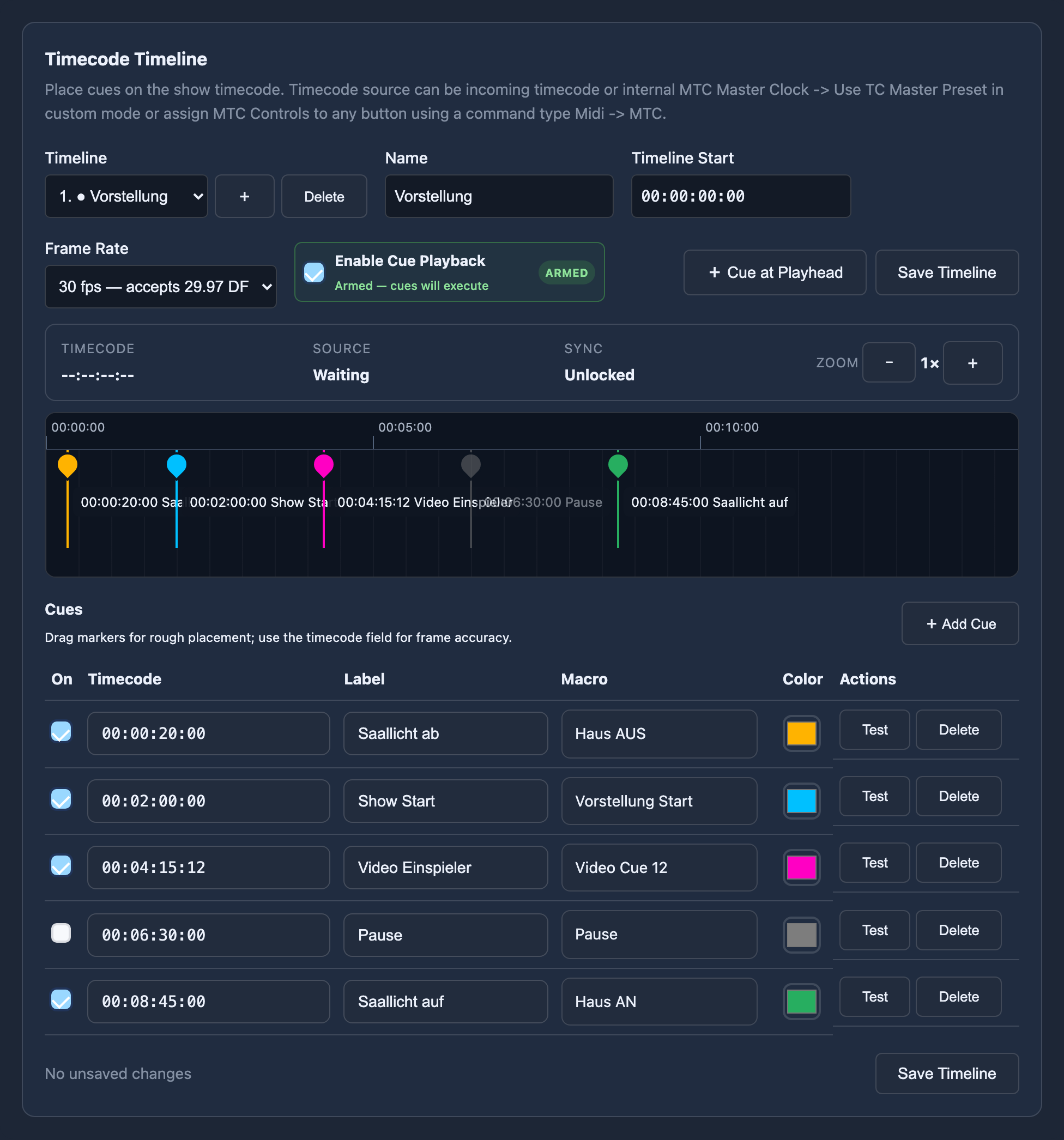 Timeline-Tab mit Cues